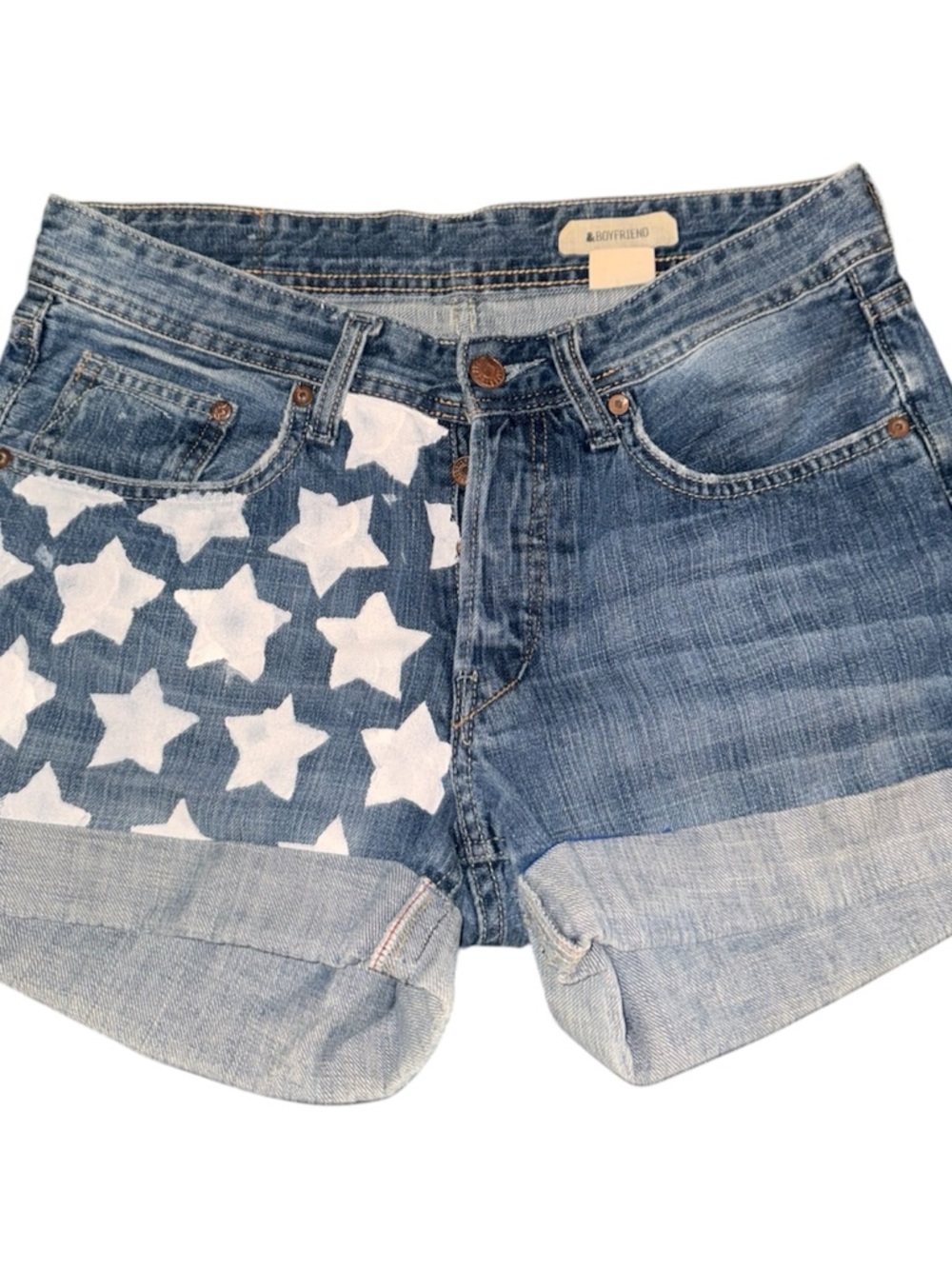 Boyfriend High-Rise Star Print painted Denim Shorts - Blue